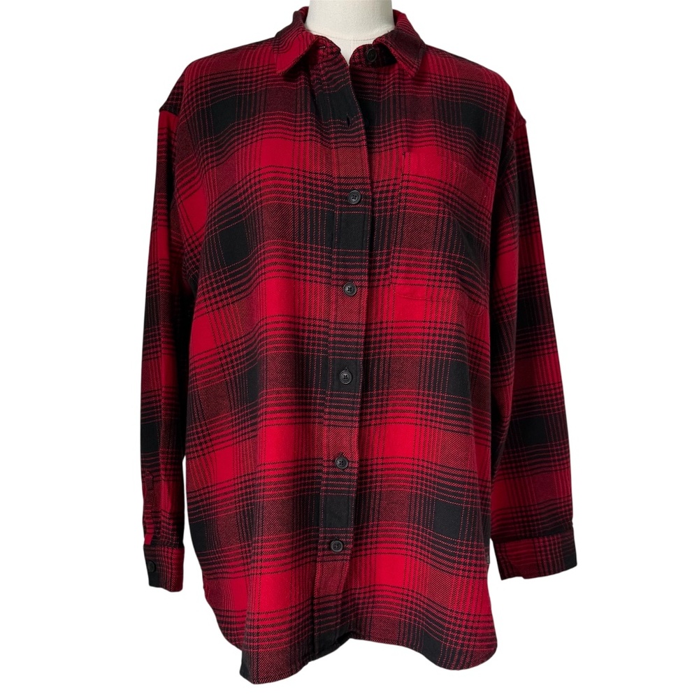 EDDIE BAUER | Women's Red & Black Oversized Long Sleeve Plaid Flannel Shirt Sz M - Picture 1 of 6
